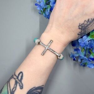 Crystal Studded Silver Cross Bracelet with Stone Bead